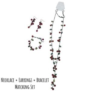 Cherries Jewelry Set Beaded Long Necklace Earrings Bracelet Matching 3 Piece Set